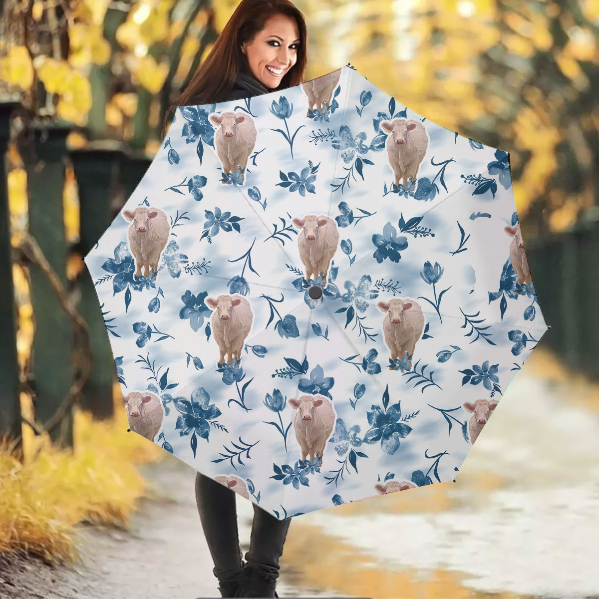 Charolais Watercolor Flowers and Leaves Tie Dye Pattern Umbrella