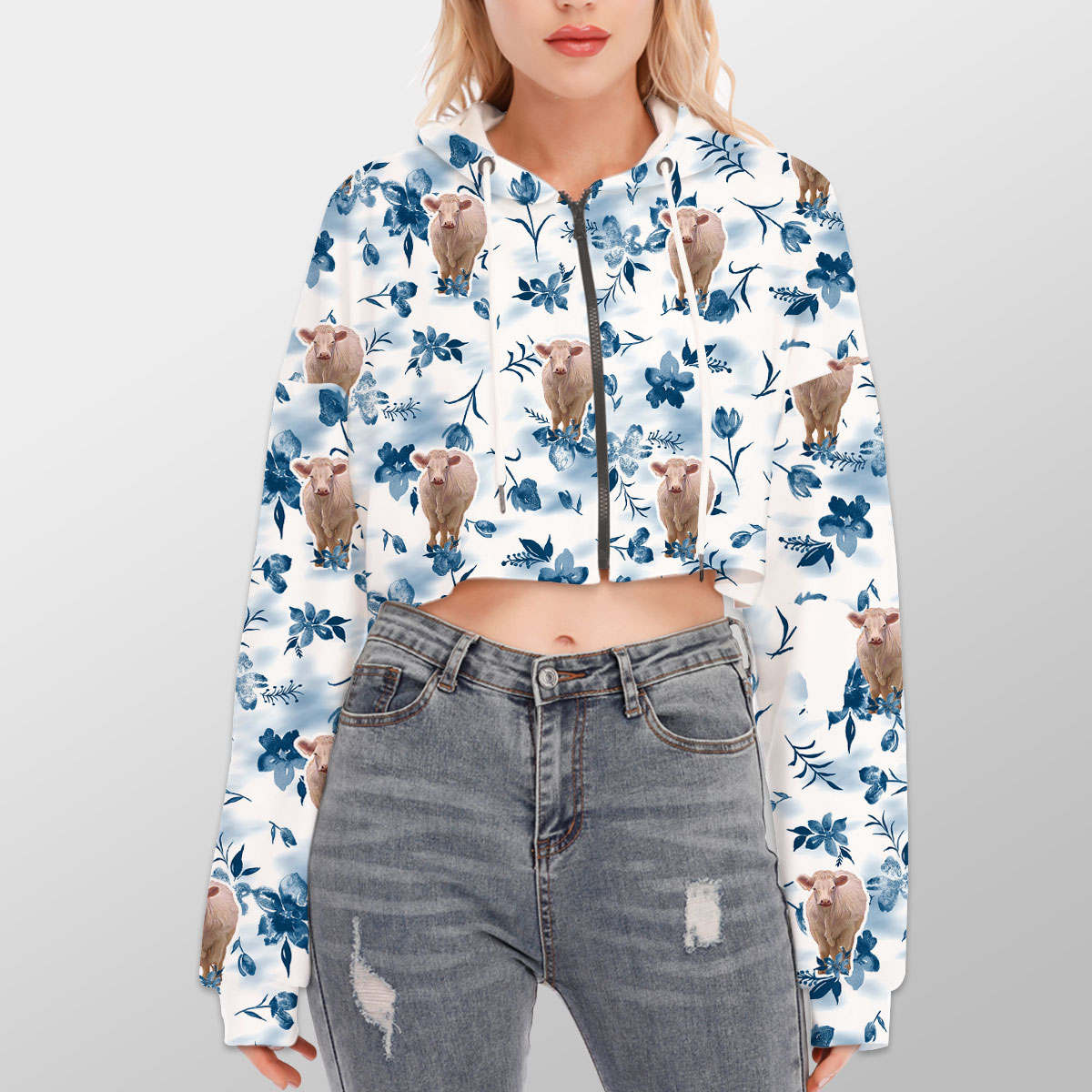 Charolais Watercolor Flowers and Leaves Tie Dye Pattern Hoodie With Zipper Closure