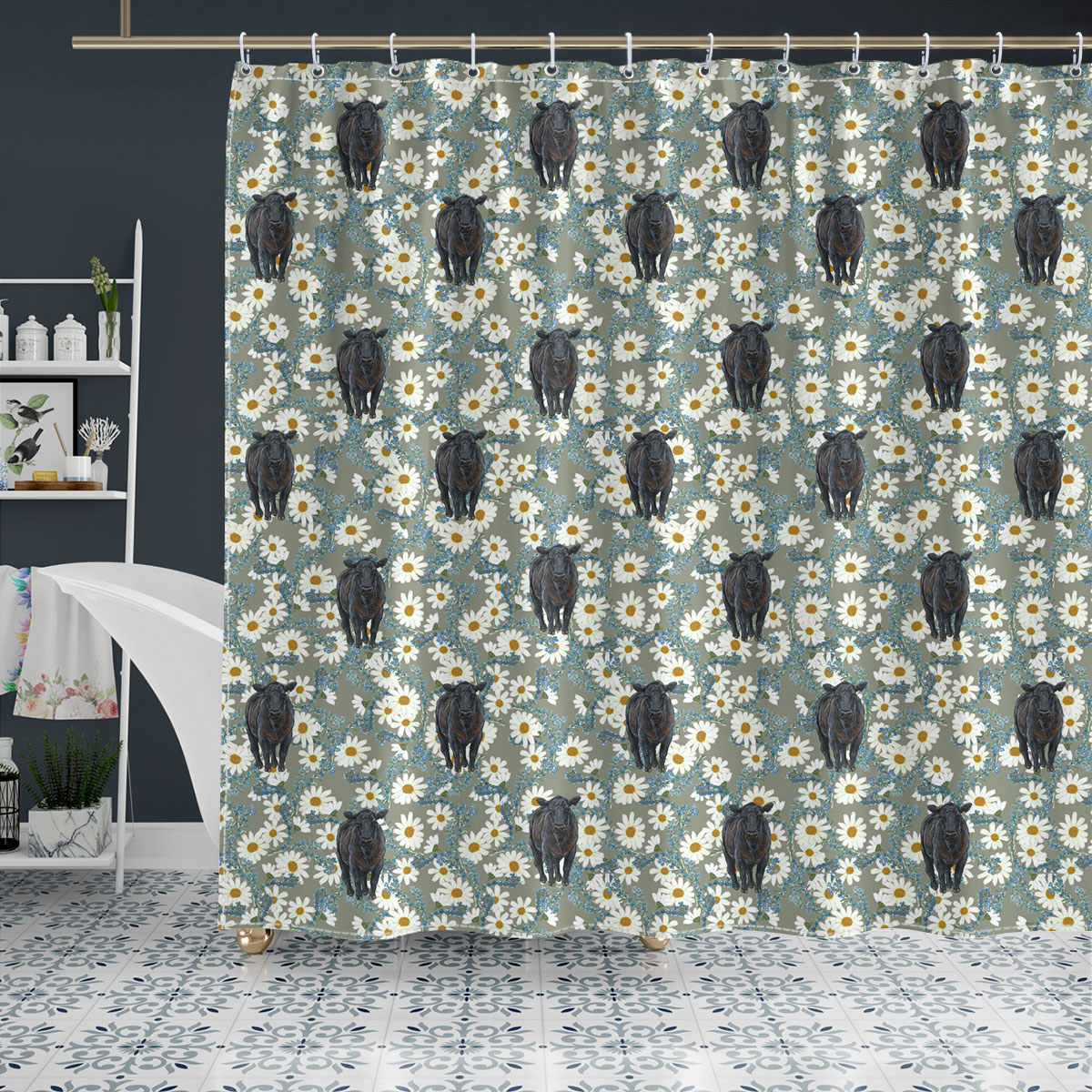 Black Angus Camomilles Flower Grey Pattern Shower Curtain