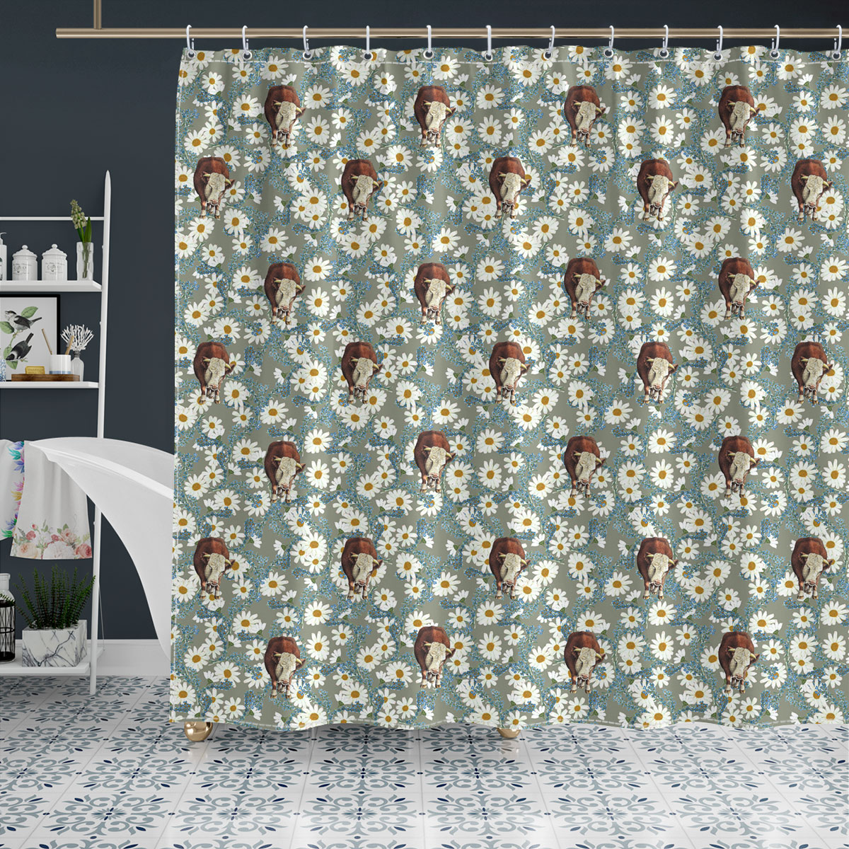 Hereford Camomilles Flower Grey Pattern Shower Curtain