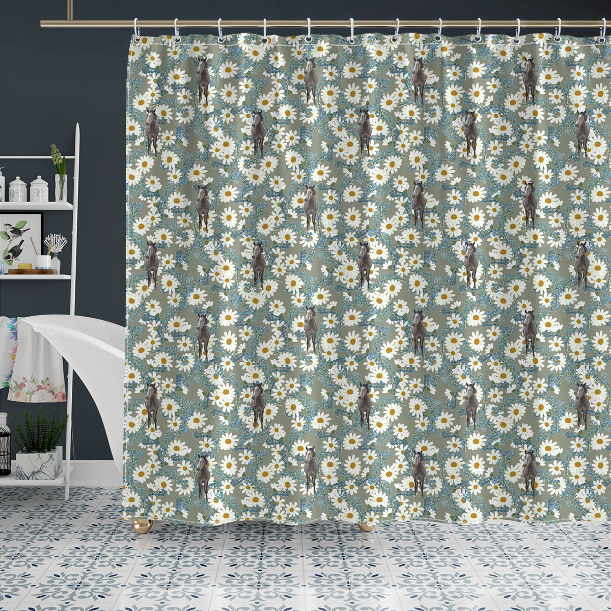 Horse Camomilles Flower Grey Pattern Shower Curtain