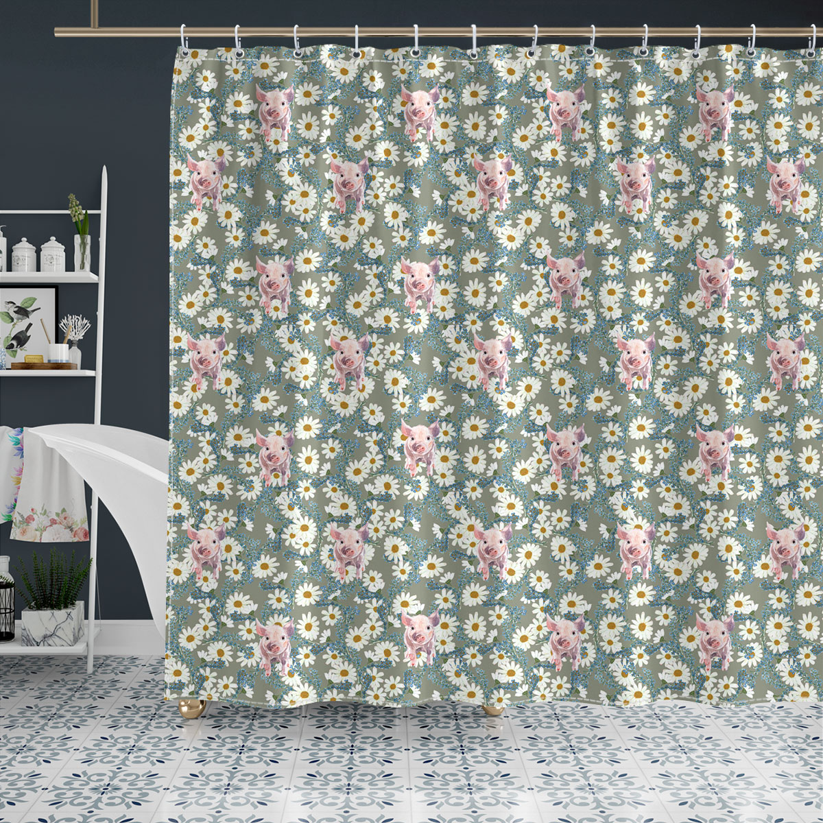 Pig Camomilles Flower Grey Pattern Shower Curtain