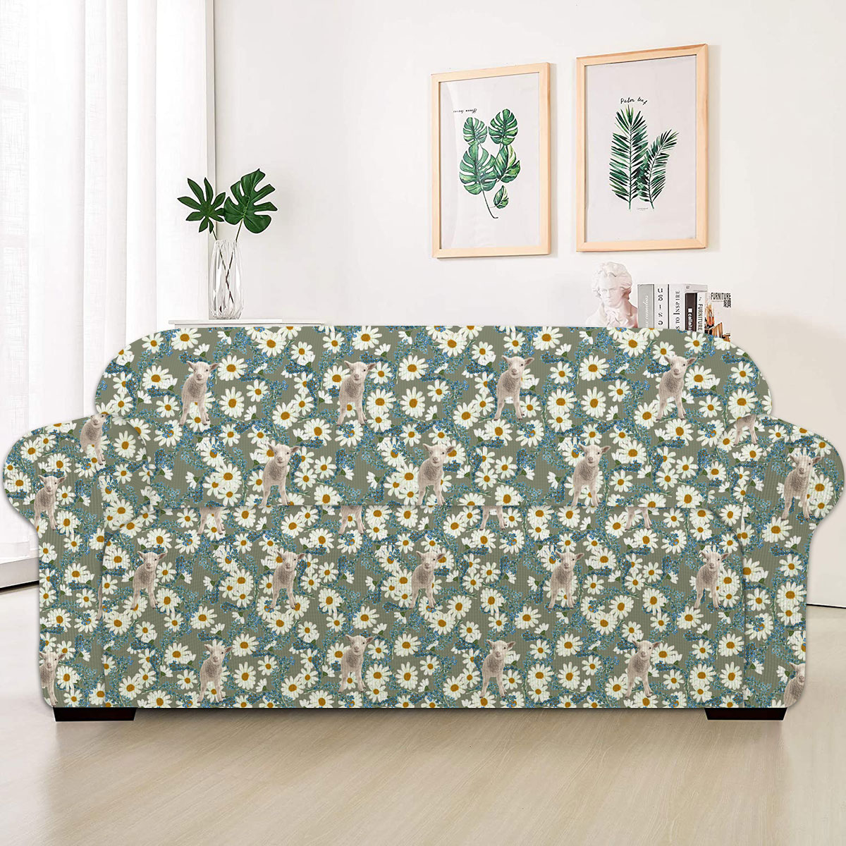 Sheep Camomilles Flower Grey Pattern Sofa Cover