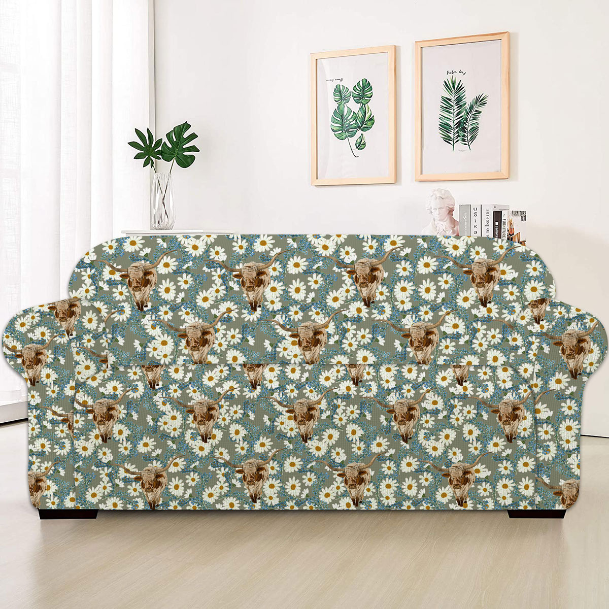 Texas Longhorn Camomilles Flower Grey Pattern Sofa Cover