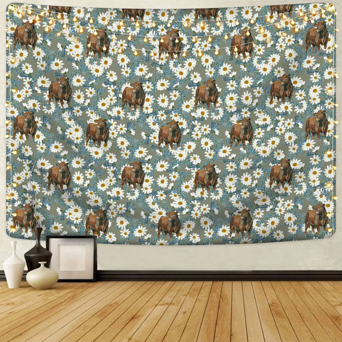 Beefmaster Camomilles Flower Grey Pattern Tapestry