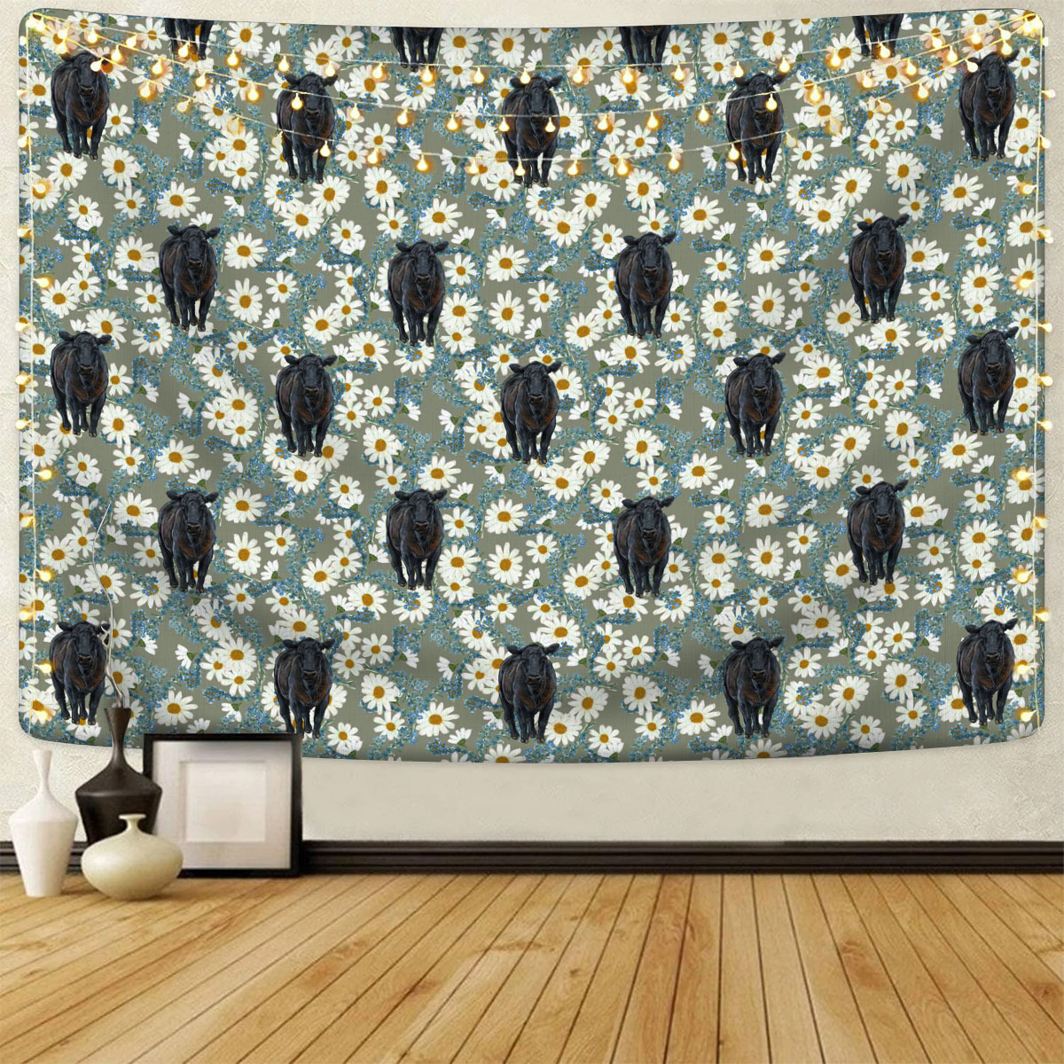 Black Angus Camomilles Flower Grey Pattern Tapestry