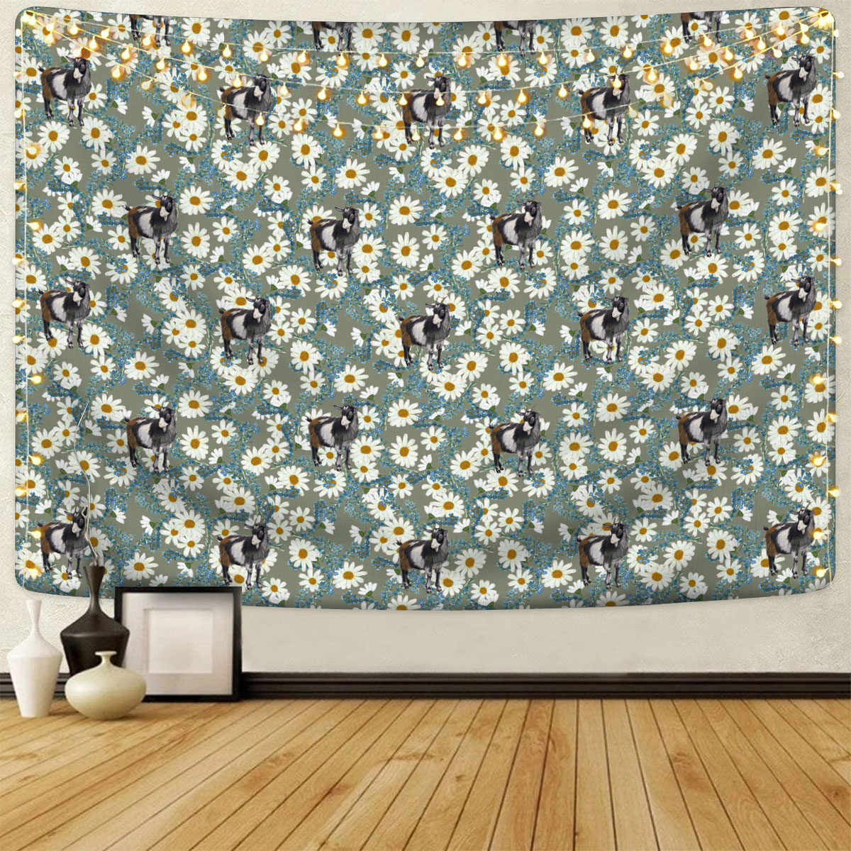 Goat Camomilles Flower Grey Pattern Tapestry