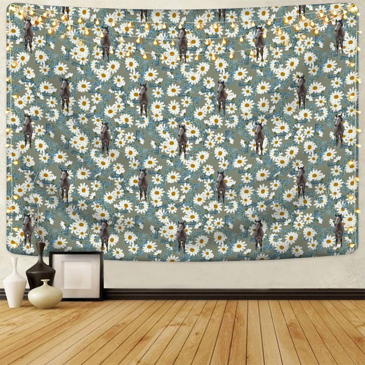 Horse Camomilles Flower Grey Pattern Tapestry