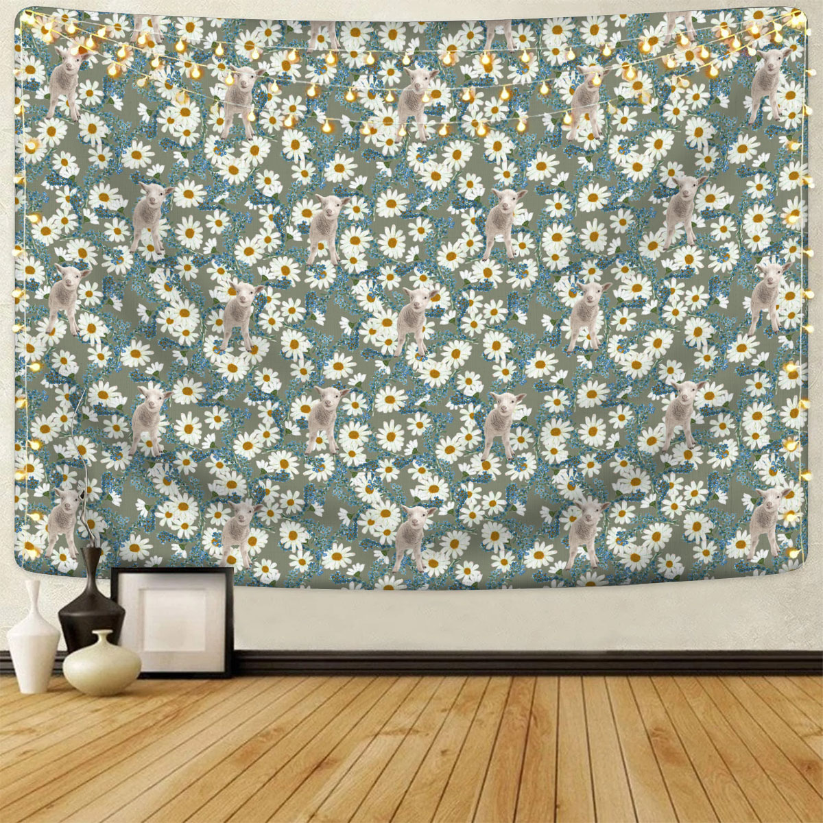 Sheep Camomilles Flower Grey Pattern Tapestry