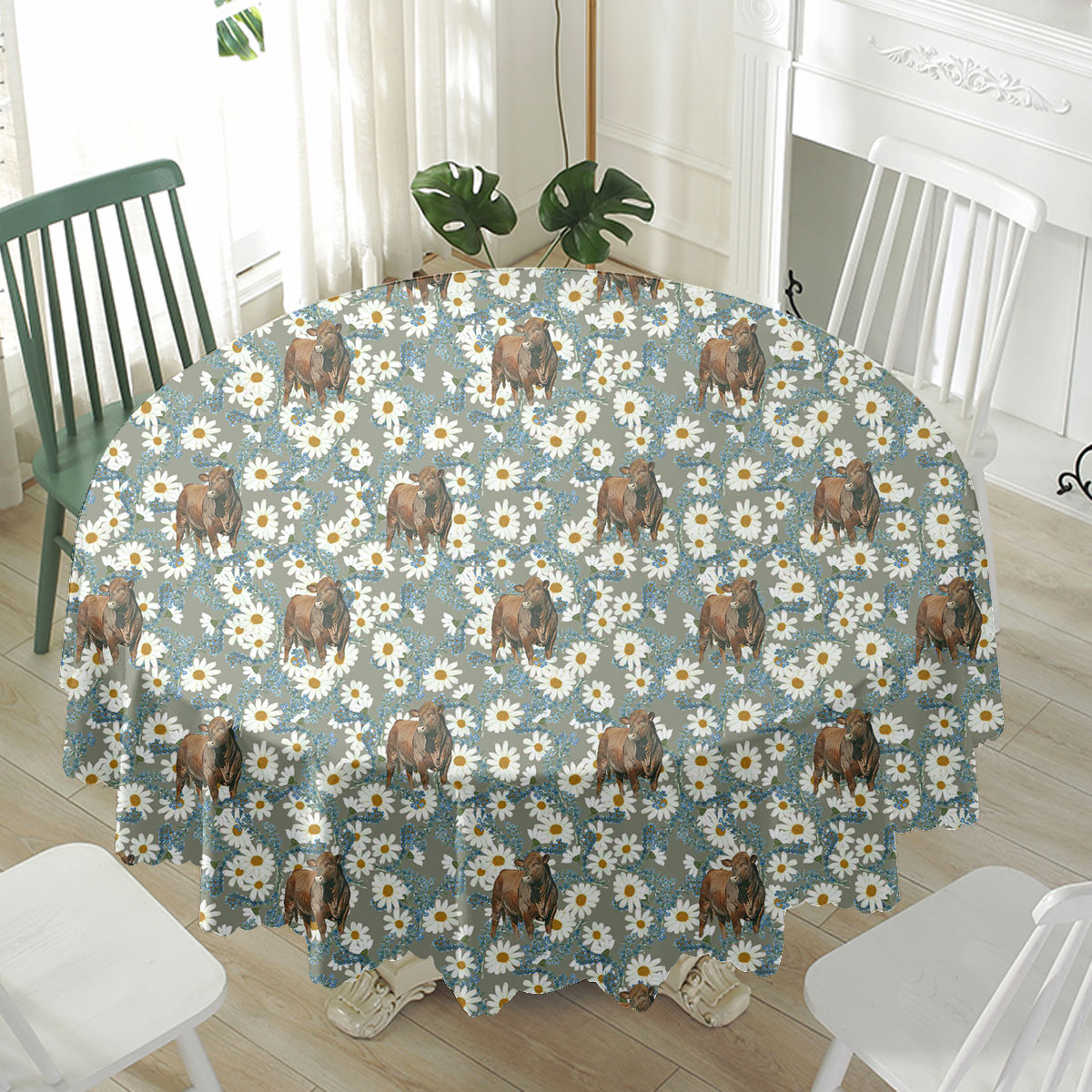 Beefmaster Camomilles Flower Grey Pattern Waterproof Tablecloth