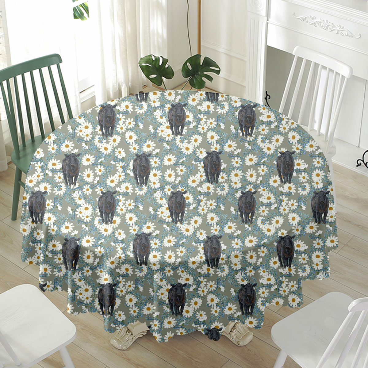 Black Angus Camomilles Flower Grey Pattern Waterproof Tablecloth