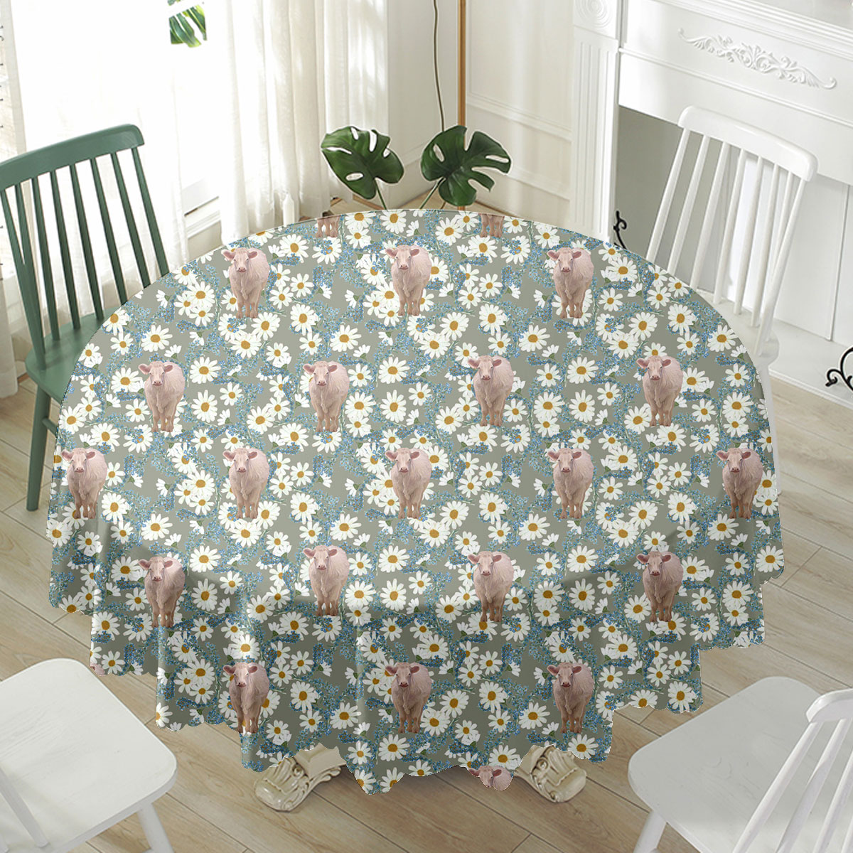 Charolais Camomilles Flower Grey Pattern Waterproof Tablecloth