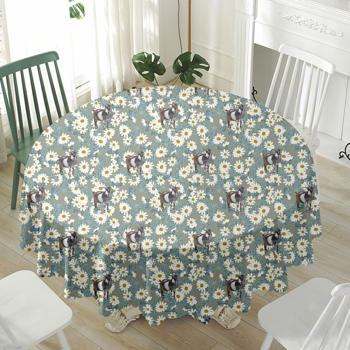 Goat Camomilles Flower Grey Pattern Waterproof Tablecloth