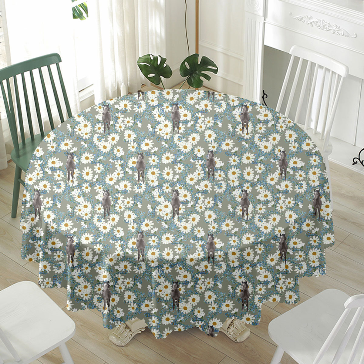 Horse Camomilles Flower Grey Pattern Waterproof Tablecloth