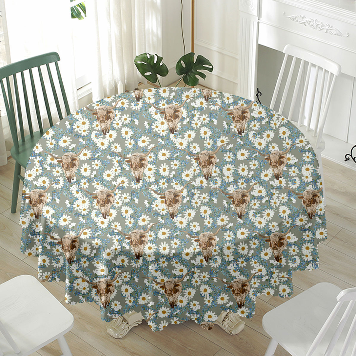 Texas Longhorn Camomilles Flower Grey Pattern Waterproof Tablecloth