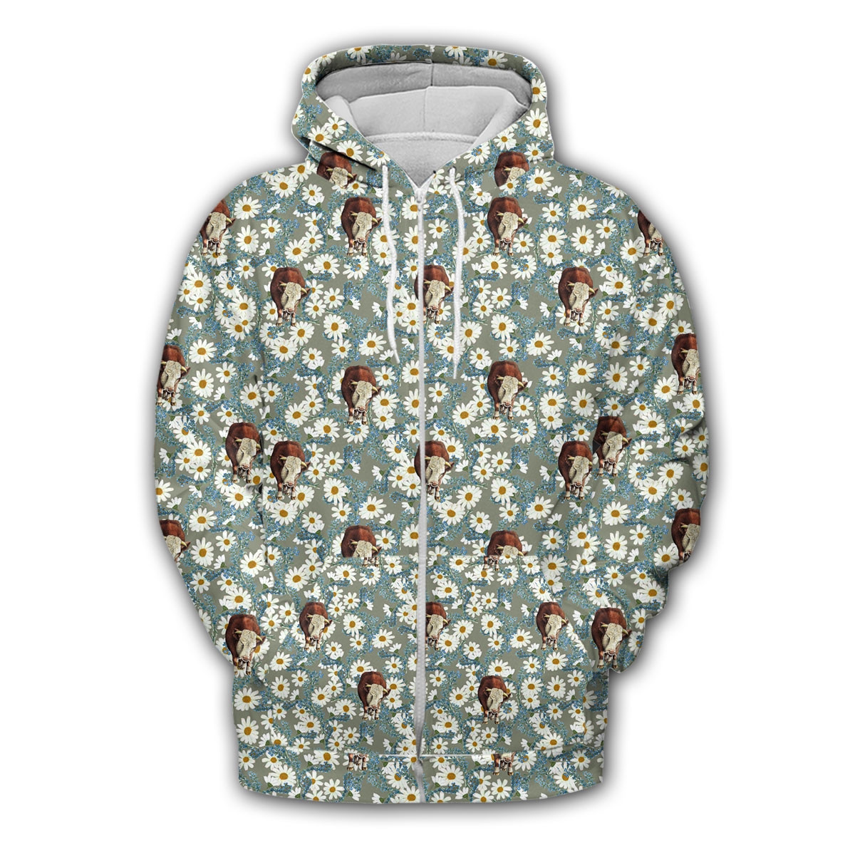 Hereford Camomilles Flower Grey Pattern Zip Hoodie
