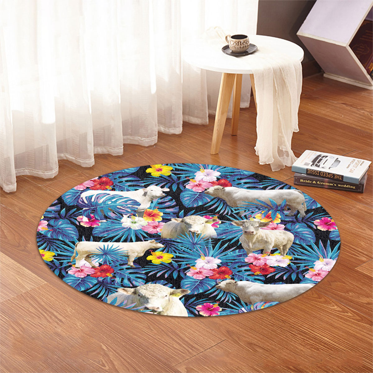 Charolais Tropical Flowers Leaves Pattern Round Rug