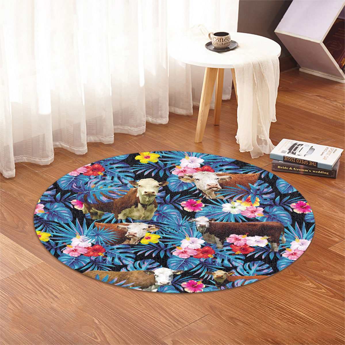 Hereford Tropical Flowers Leaves Pattern Round Rug