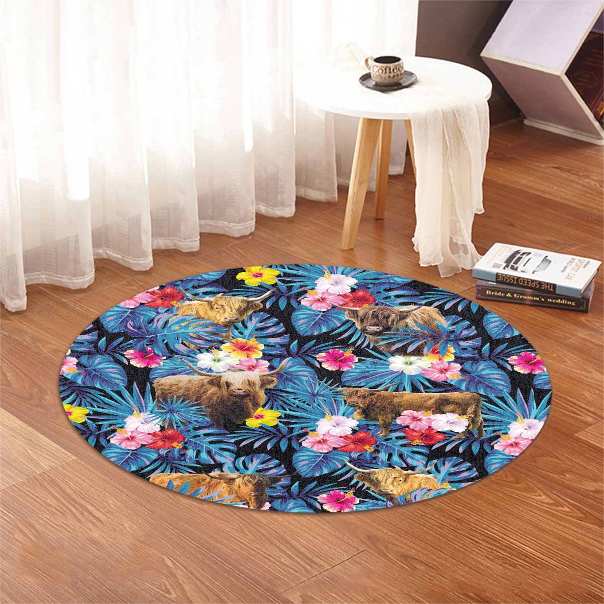 Highland Tropical Flowers Leaves Pattern Round Rug