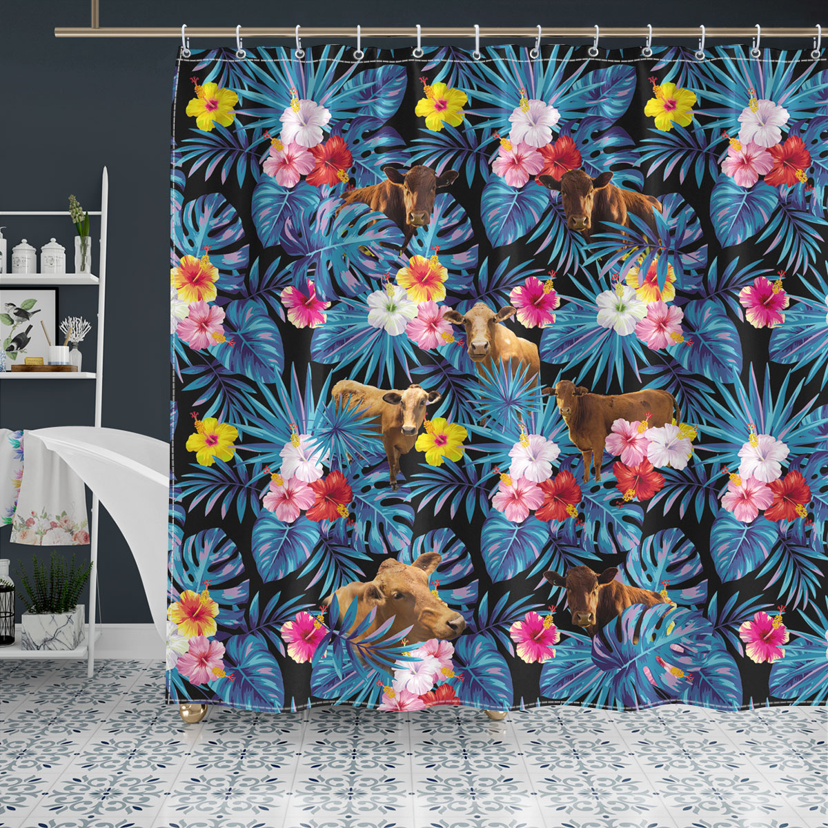 Beefmaster Tropical Flowers Leaves Pattern Shower Curtain