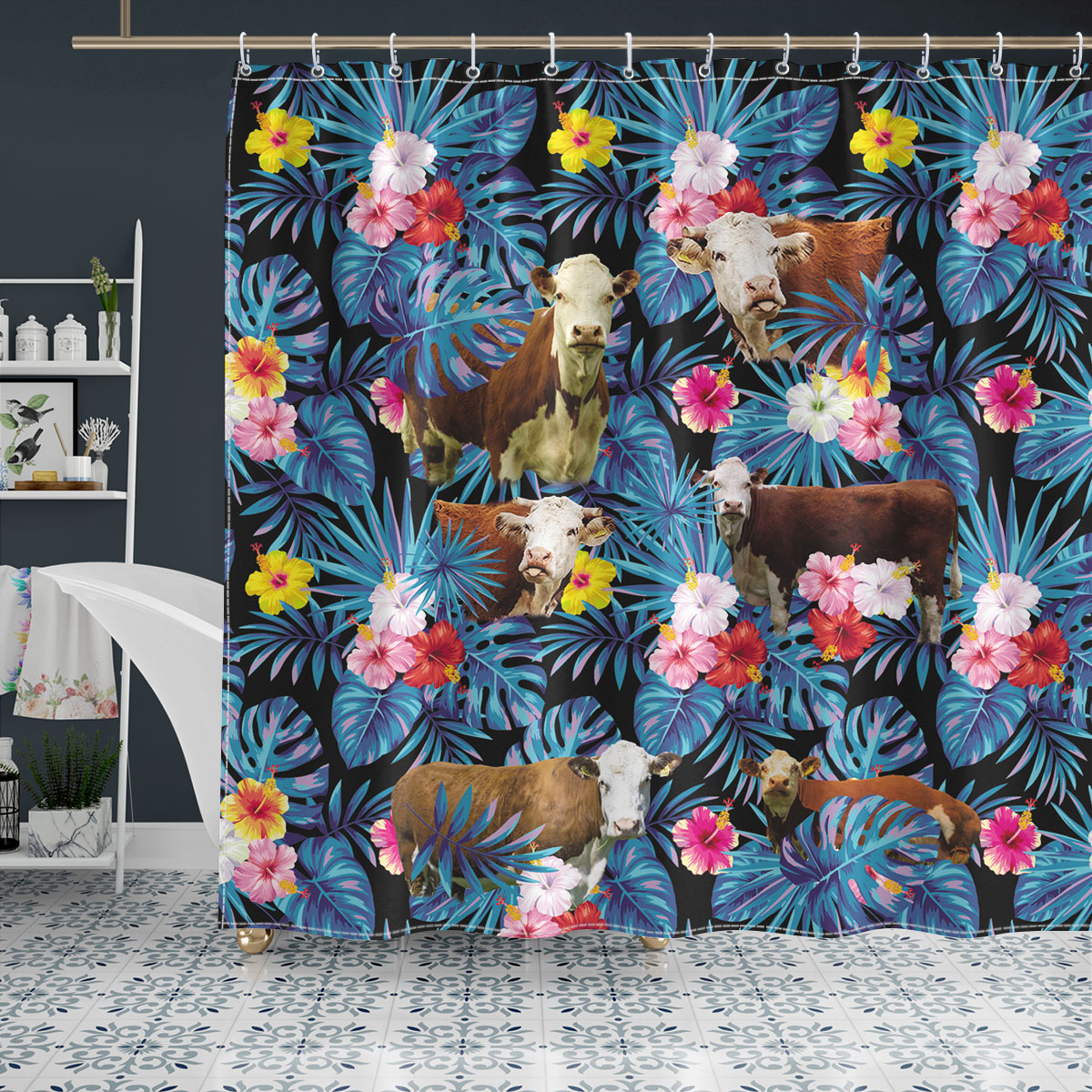 Hereford Tropical Flowers Leaves Pattern Shower Curtain