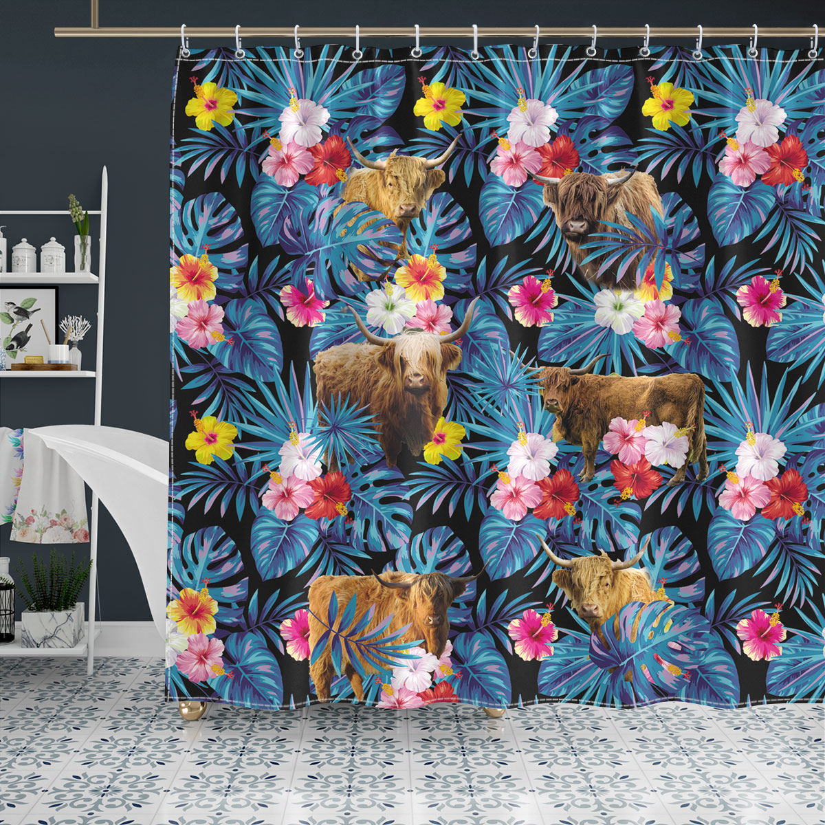 Highland Tropical Flowers Leaves Pattern Shower Curtain