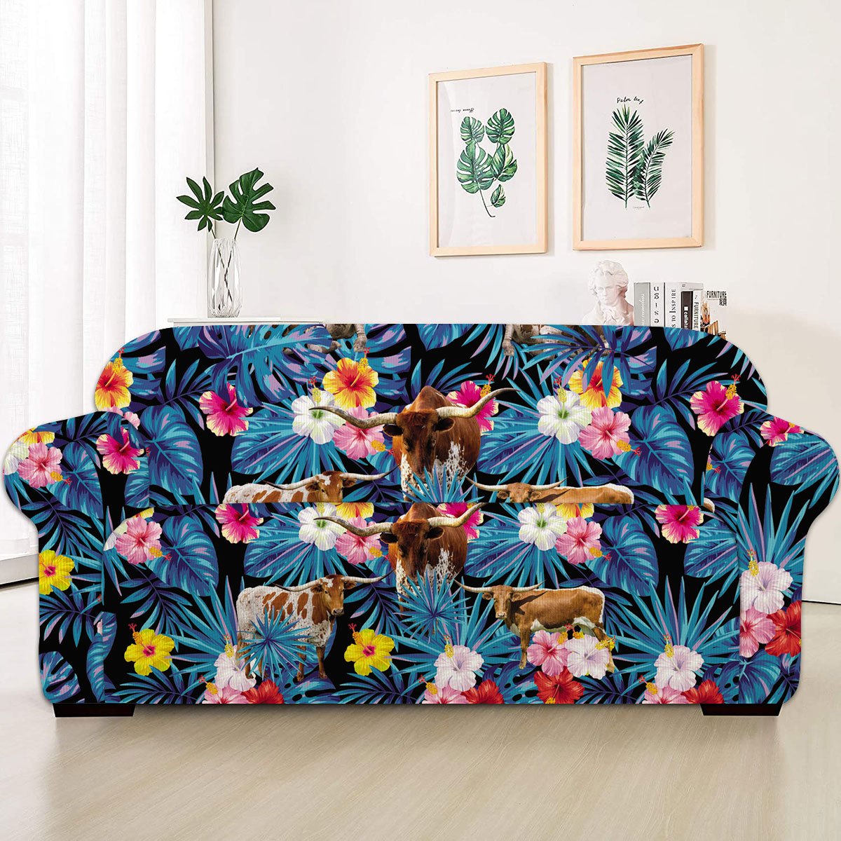 Texas Longhorn Tropical Flowers Leaves Pattern Sofa Cover