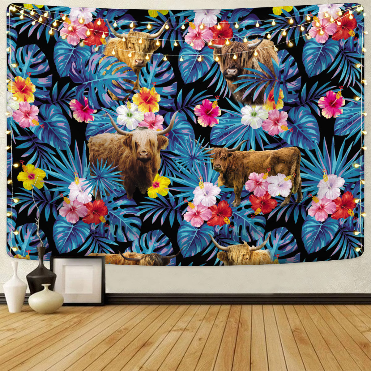 Highland Tropical Flowers Leaves Pattern Tapestry