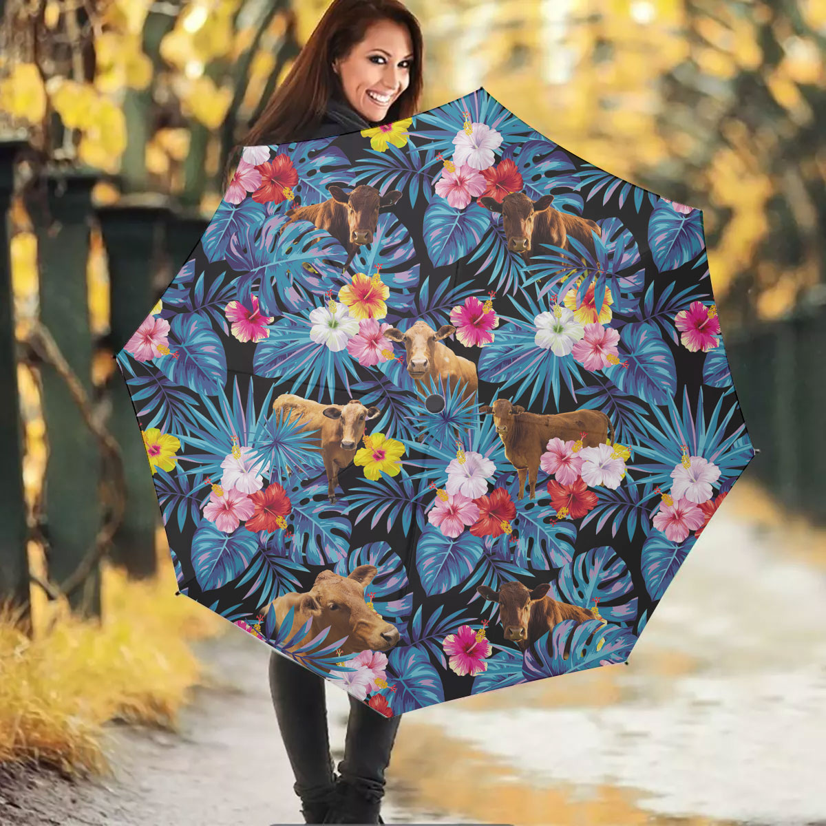 Beefmaster Tropical Flowers Leaves Pattern Umbrella