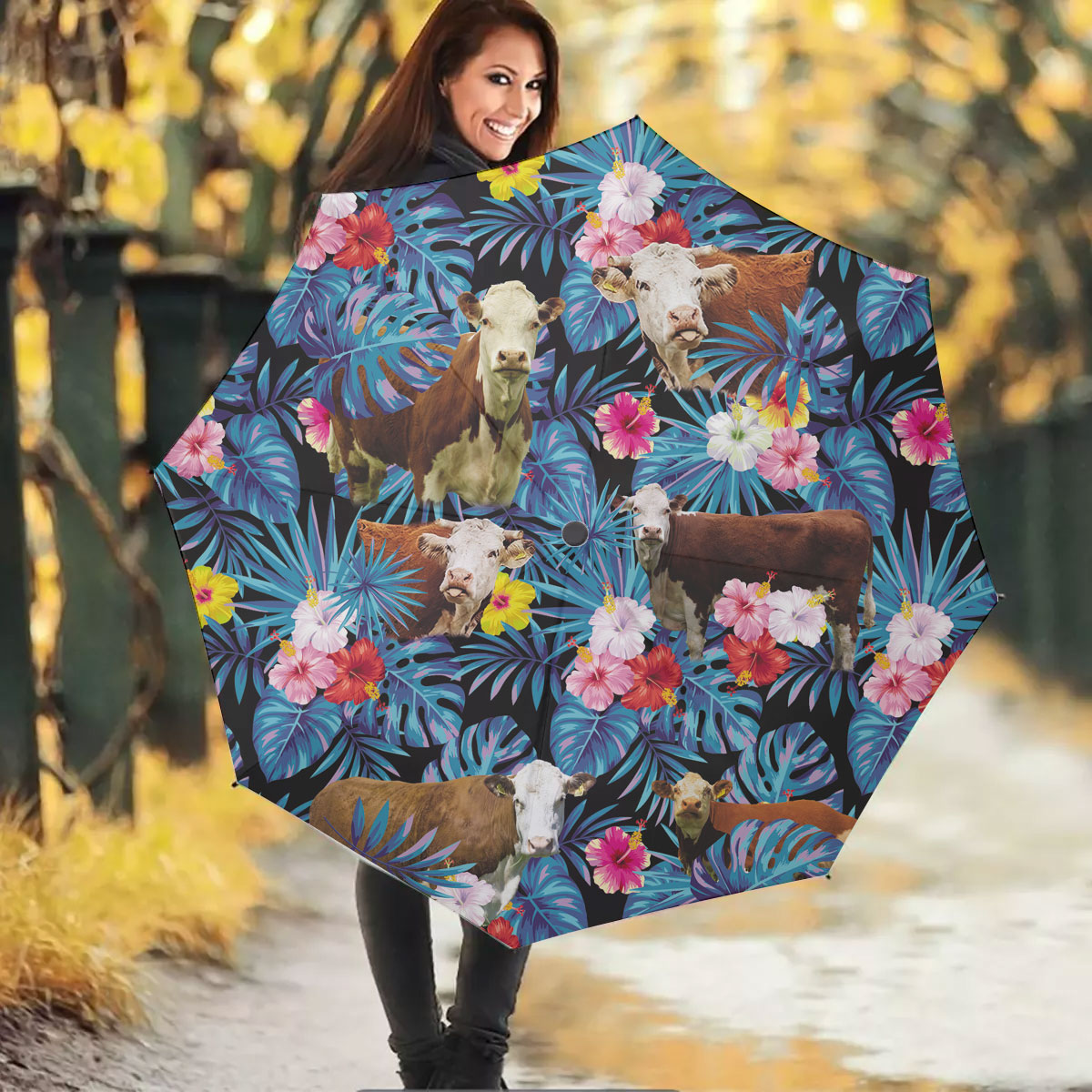 Hereford Tropical Flowers Leaves Pattern Umbrella