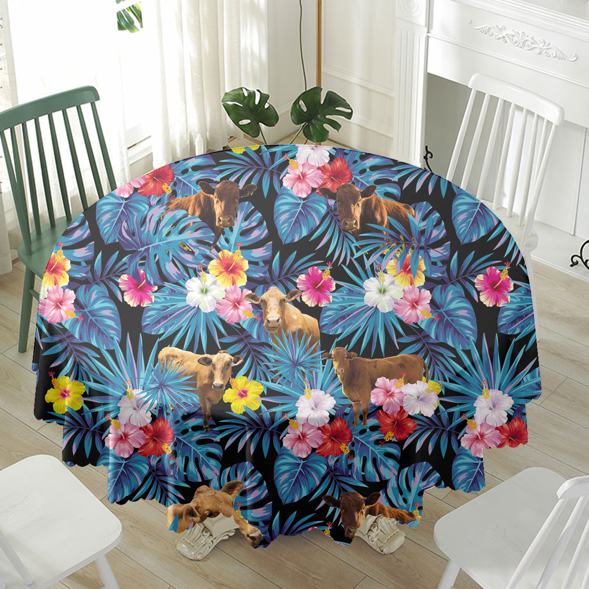 Beefmaster Tropical Flowers Leaves Pattern Waterproof Tablecloth
