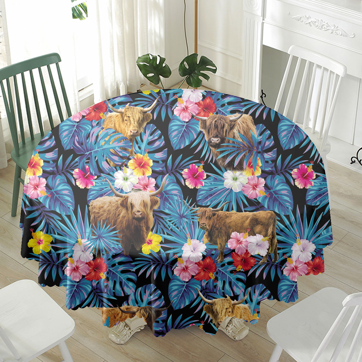Highland Tropical Flowers Leaves Pattern Waterproof Tablecloth