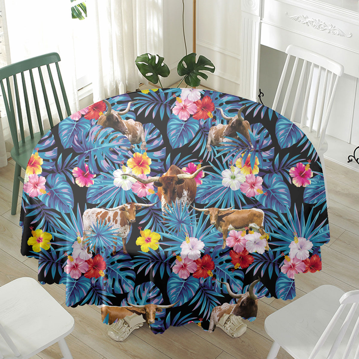 Texas Longhorn Tropical Flowers Leaves Pattern Waterproof Tablecloth