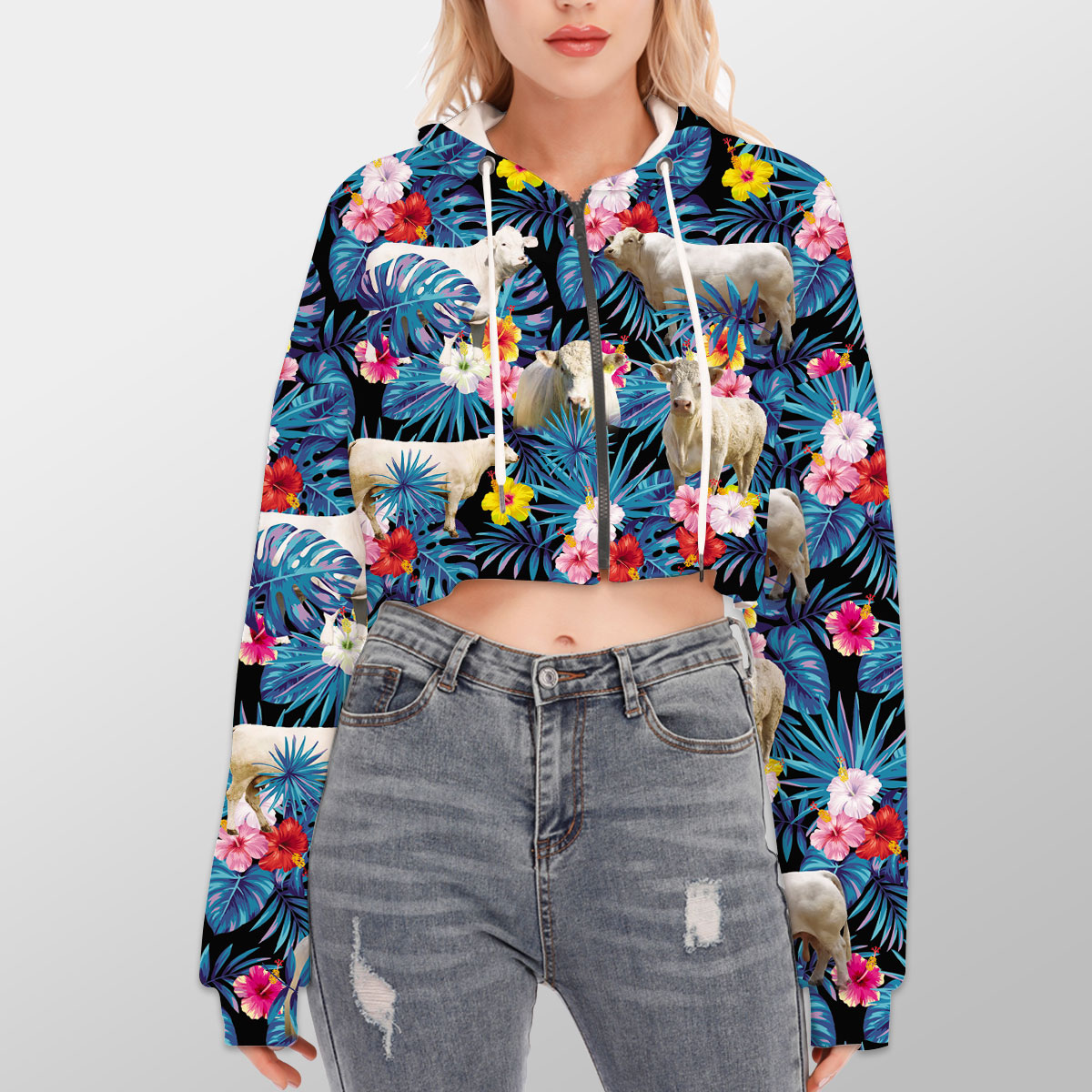 Charolais Tropical Flowers Leaves Pattern Hoodie With Zipper Closure