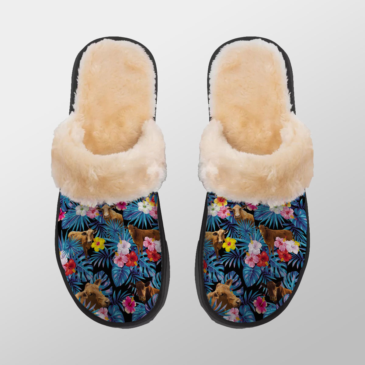 Beefmaster Tropical Flowers Leaves Pattern Home Plush Slippers