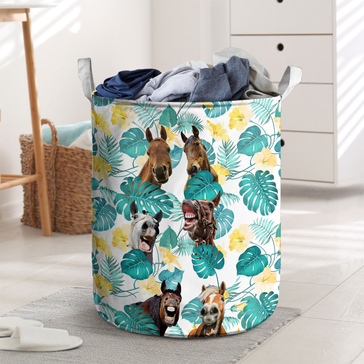 Horse In Tropical Leaves Pattern Laundry Basket
