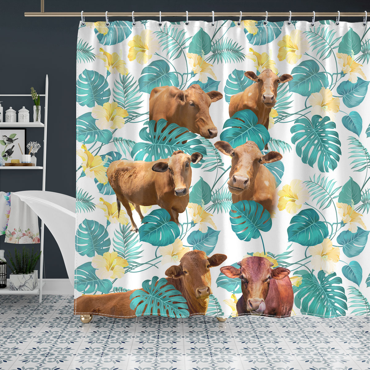 Beefmaster In Tropical Leaves Pattern Shower Curtain