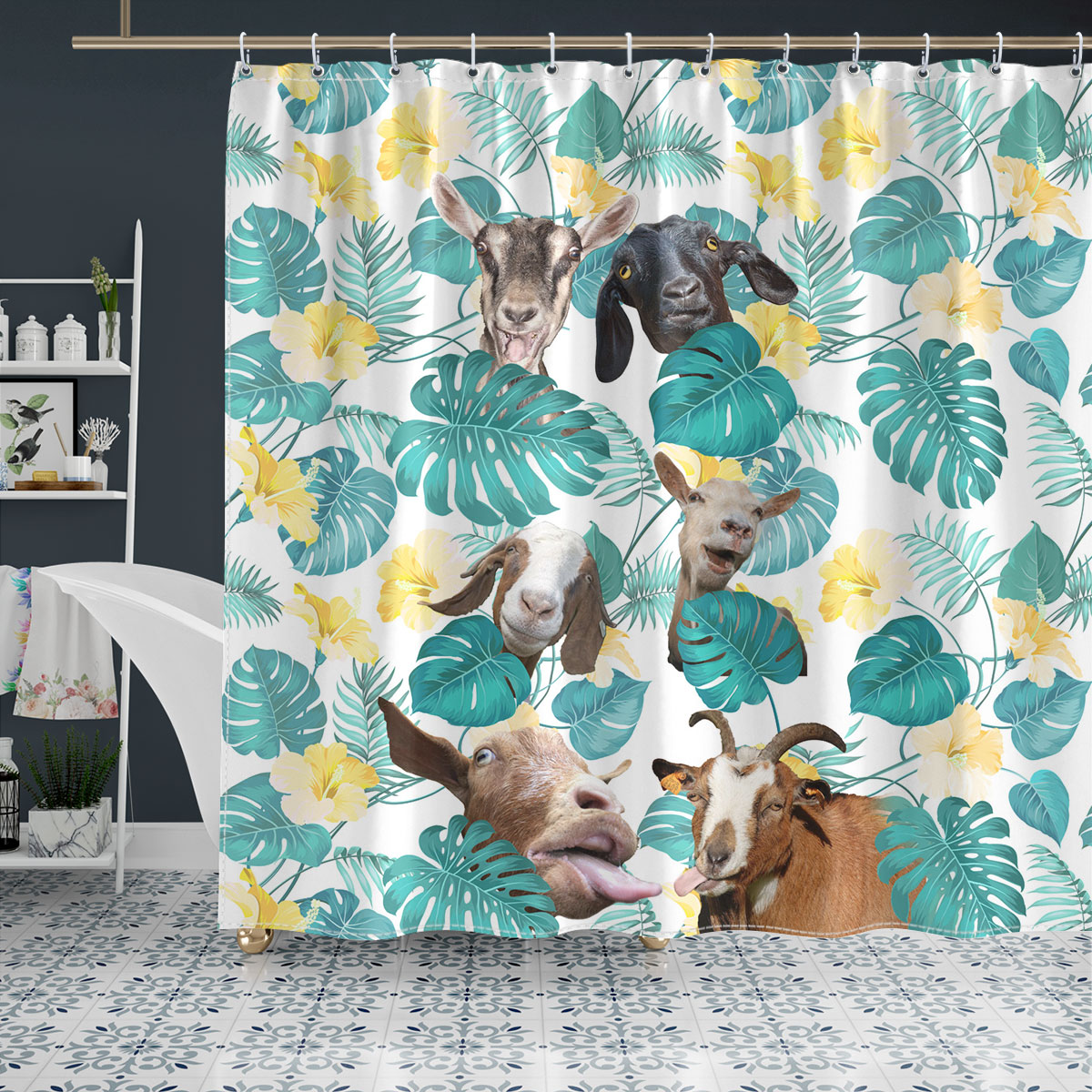 Goat In Tropical Leaves Pattern Shower Curtain