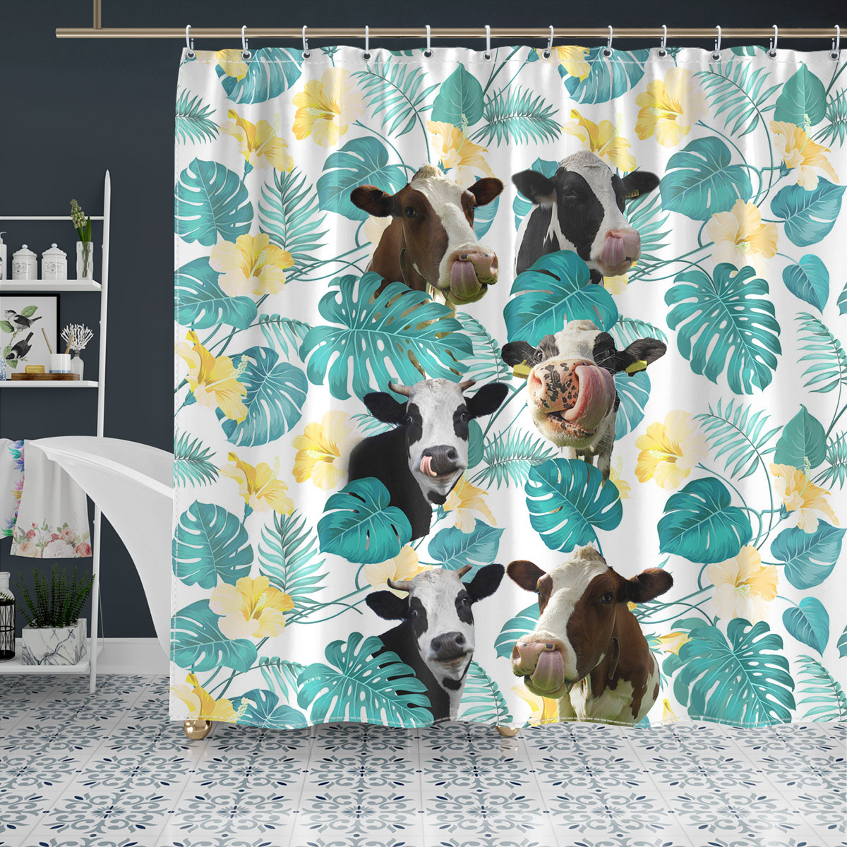 Holstein In Tropical Leaves Pattern Shower Curtain