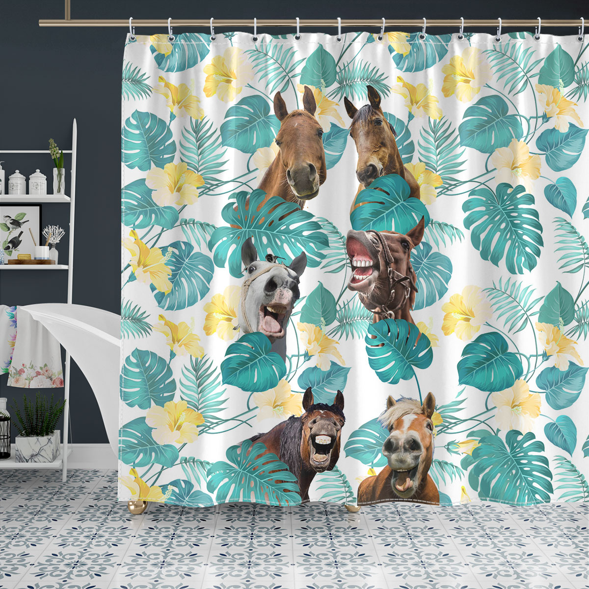 Horse In Tropical Leaves Pattern Shower Curtain
