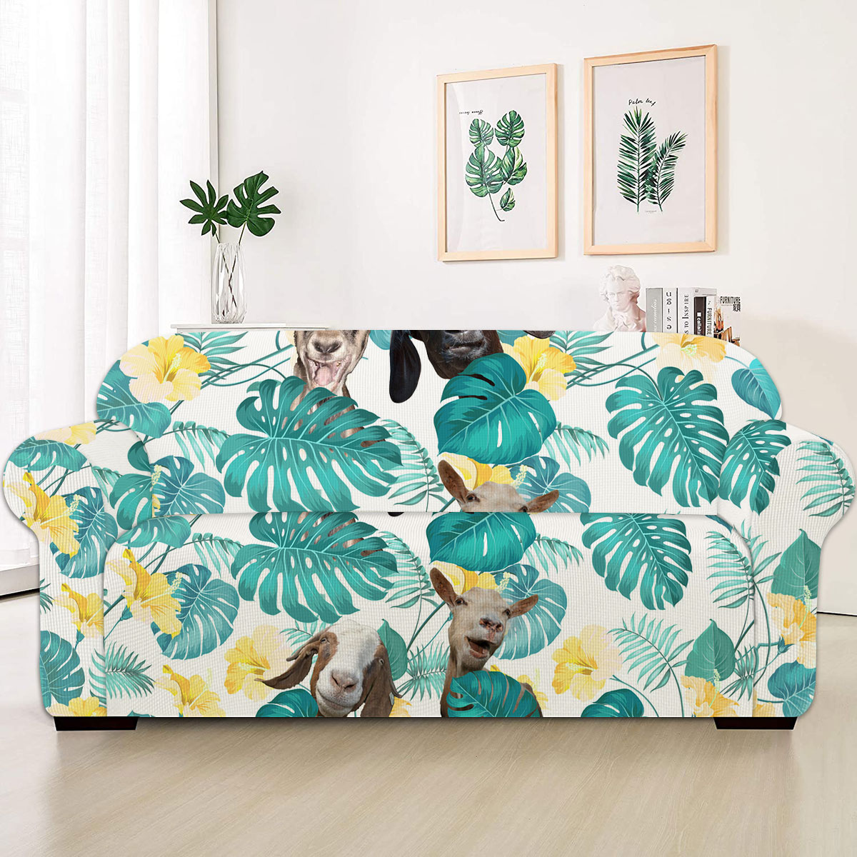 Goat In Tropical Leaves Pattern Sofa Cover