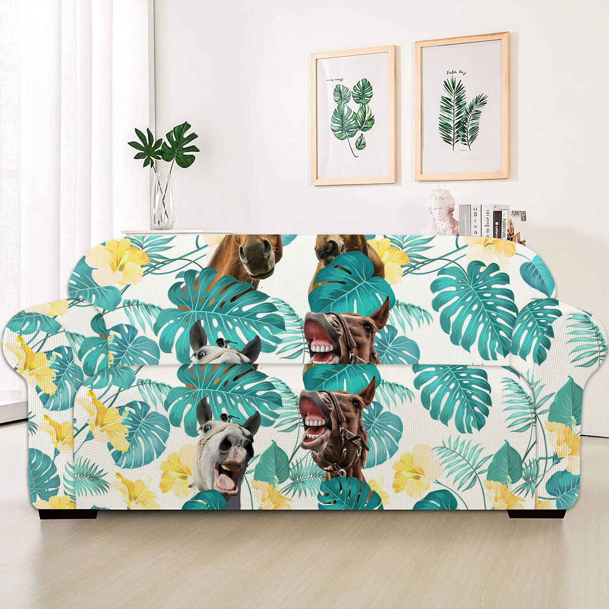 Horse In Tropical Leaves Pattern Sofa Cover