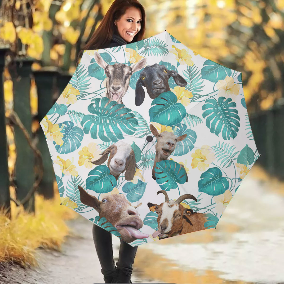 Goat In Tropical Leaves Pattern Umbrella