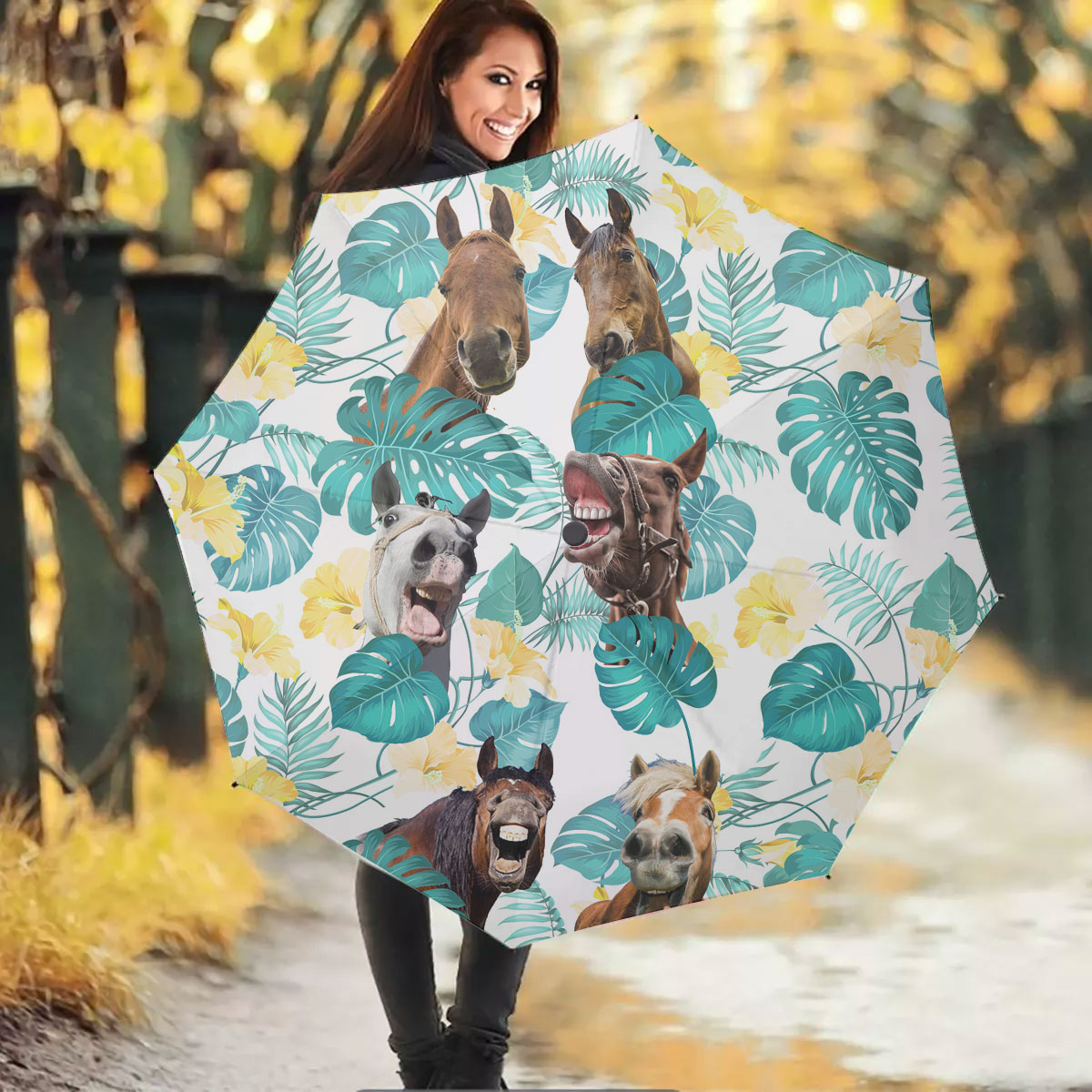 Horse In Tropical Leaves Pattern Umbrella