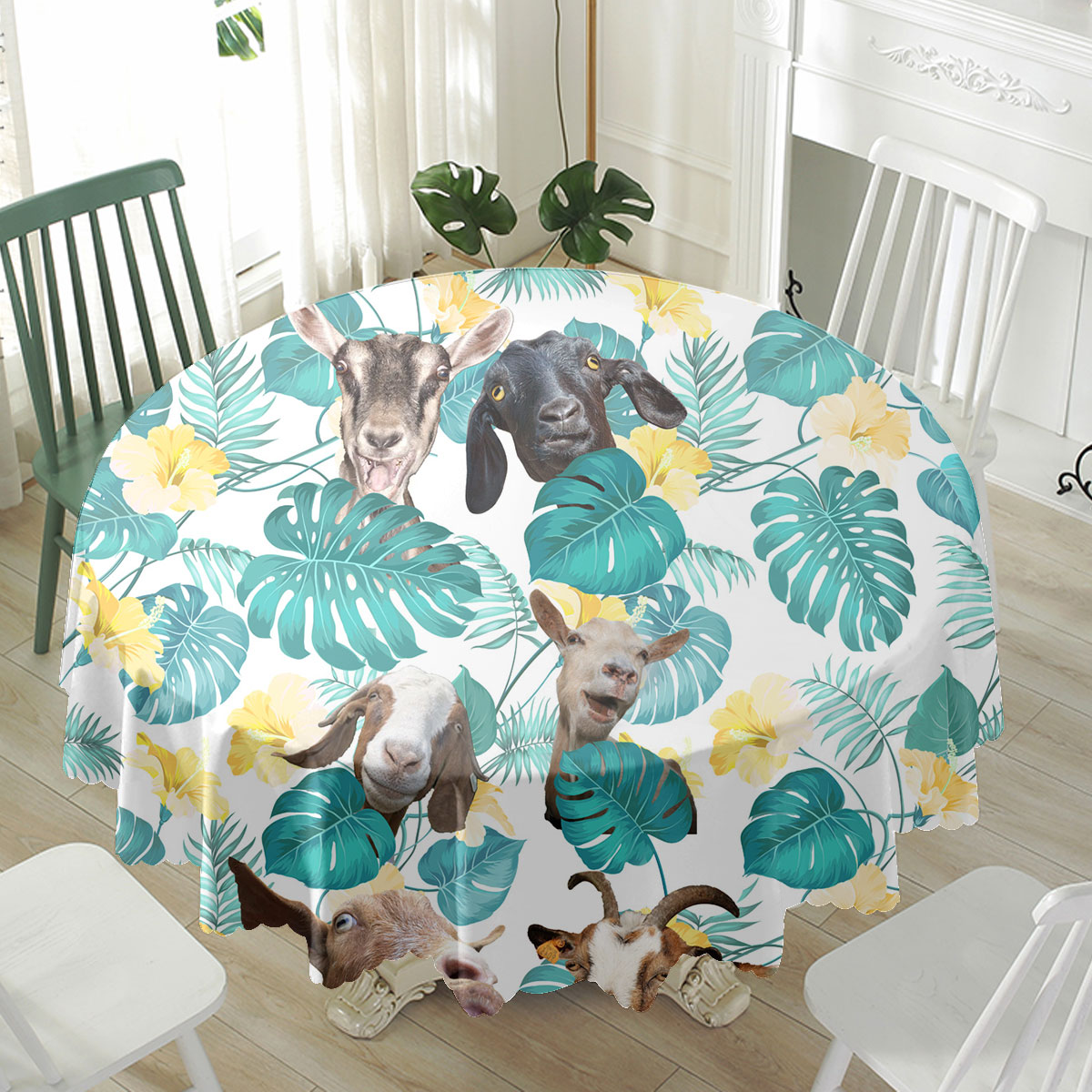 Goat In Tropical Leaves Pattern Waterproof Tablecloth