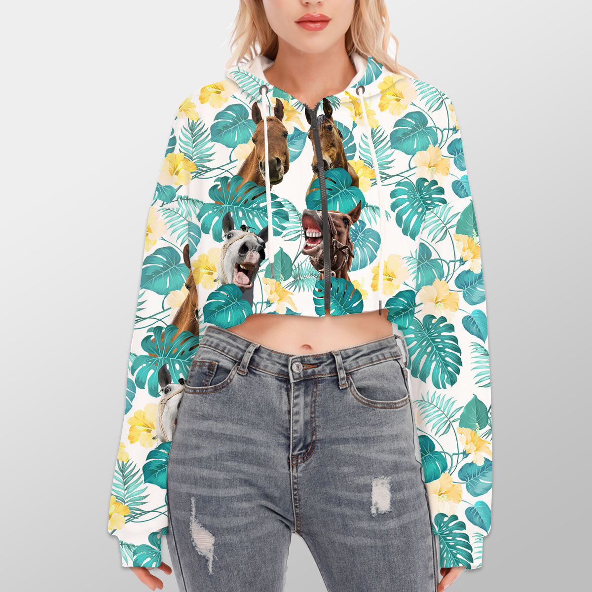 Horse In Tropical Leaves Pattern Hoodie With Zipper Closure