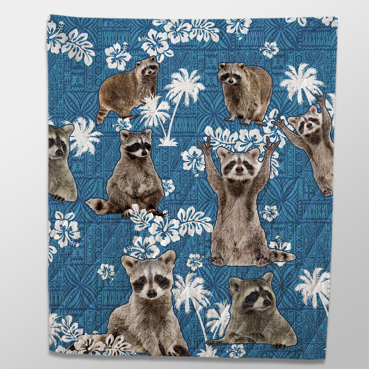 Raccoon Tropical Flower Blue Tribal Quilt
