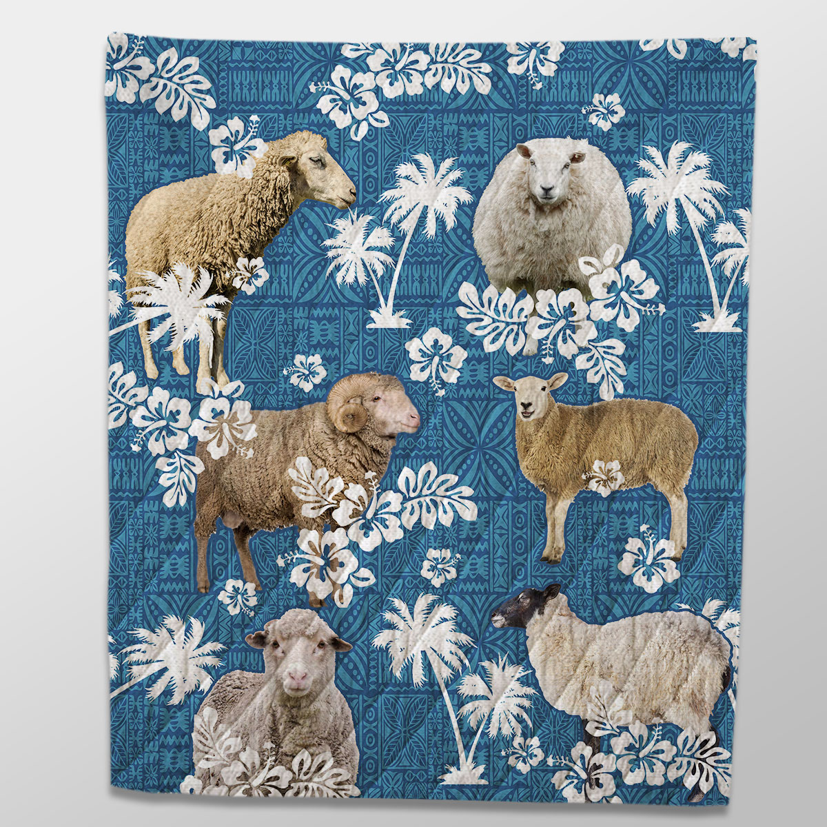 Sheep Tropical Flower Blue Tribal Quilt