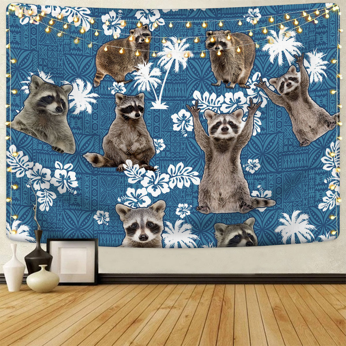 Raccoon Tropical Flower Blue Tribal Tapestry