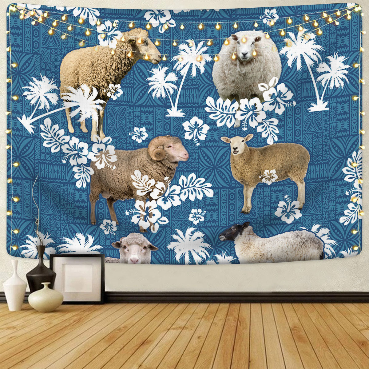 Sheep Tropical Flower Blue Tribal Tapestry